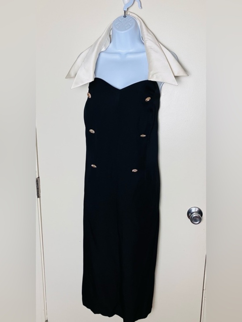 Vintage 80s Betsy & Adam Black Halter Cocktail Dress Ivory Collar Size 24w - Picture 1 of 5